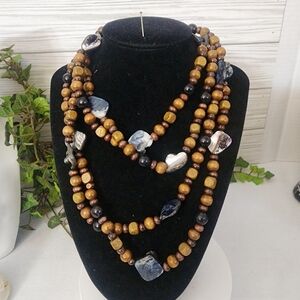 Wood with Abalone and Stone Long Bead Necklace